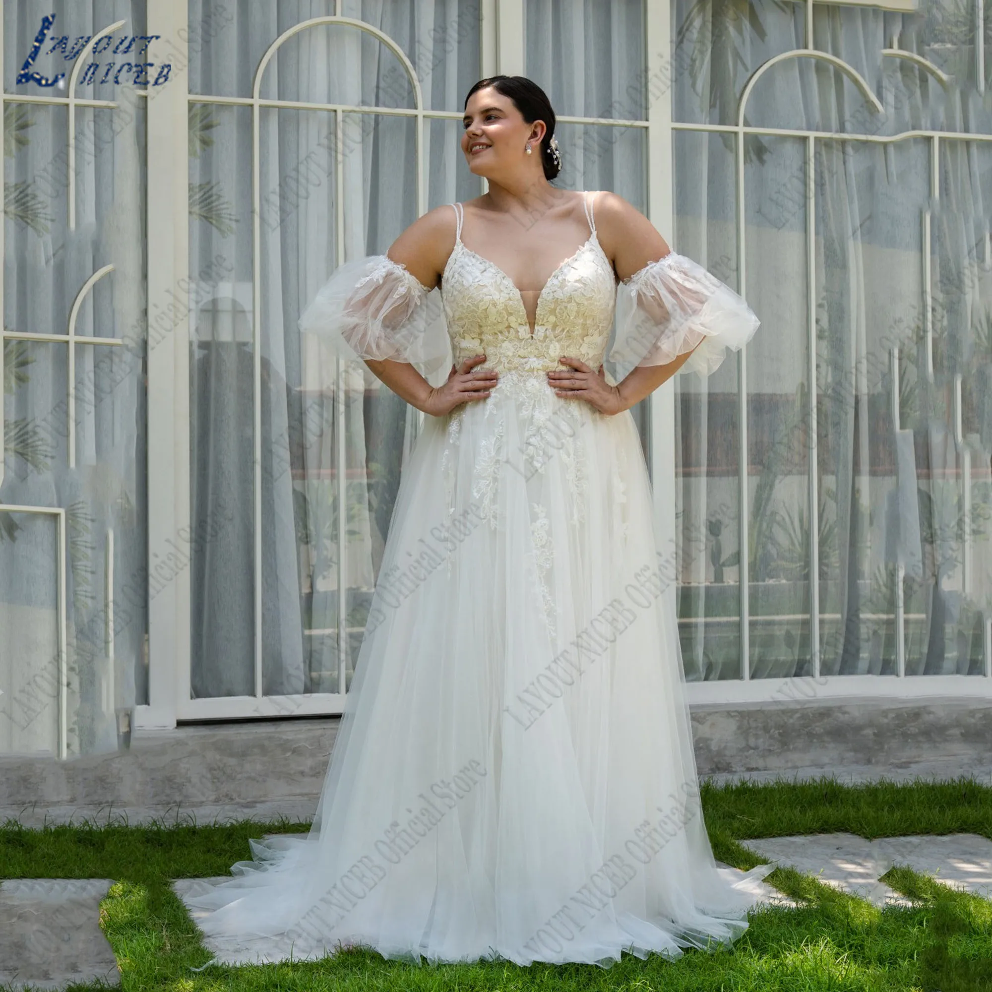 LAYOUT NICEB Plus Size Wedding Dress For Woman V-Neck A-Line Detachable Sleeves Applique Backless Bride Gowns Spaghetti Straps