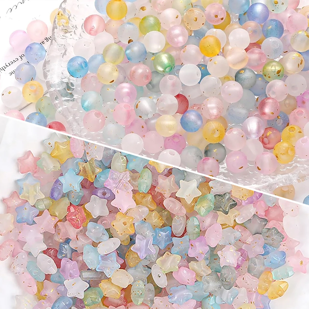 540-925 Stück Acryl-Stern- & Rundperlen-Set, mattgoldene Folienperlen, pastellfarbene, bunte, verschiedene Abstandsperlen für die Herstellung von DIY-Armbändern – Detail 5