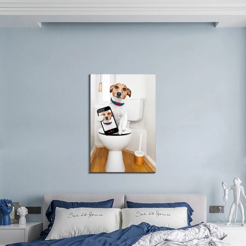 

Funny Dog Toilet Selfie Canvas Wall Painting - Pet portrait bathroom decoration with 1.5 "solid wood frame,high quality printing