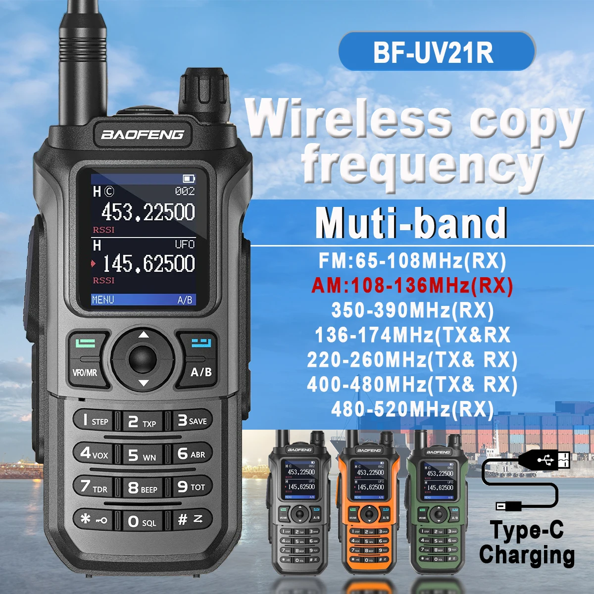 Baofeng UV-21R Walkie-talkie UV-21 pro Same Performance Multi-band Wireless Copy Frequency Waterproof Long-range Type-C Camping