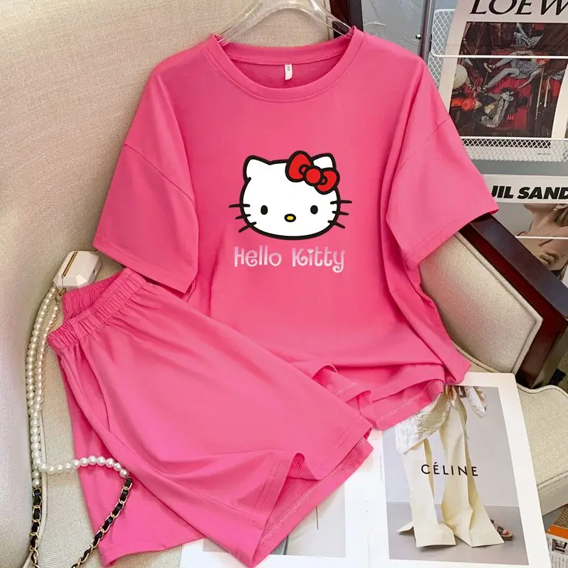 Hello Kitty Anime Cartoon Cute Colorful Pajama Lady Cute Summer Ice Silk Short Sleeve Shorts Comfortable Women Home Wear Set