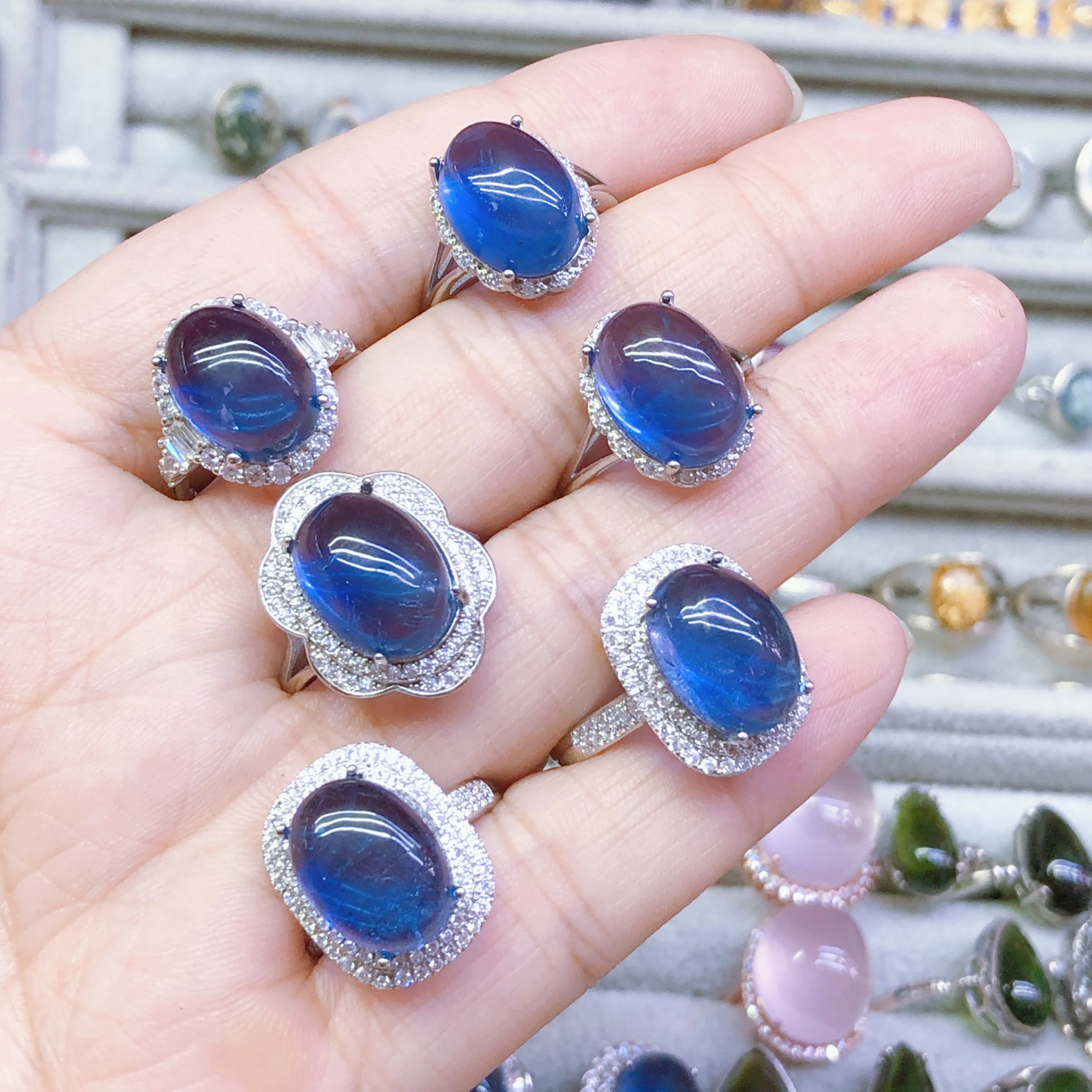 

1 Pc Fengbaowu Natural Blue Fluorite Oval Cabochon Ring 10x14MM Oval Cabochon 925 Sterling Silver Fashion Jewelry Gift For Women