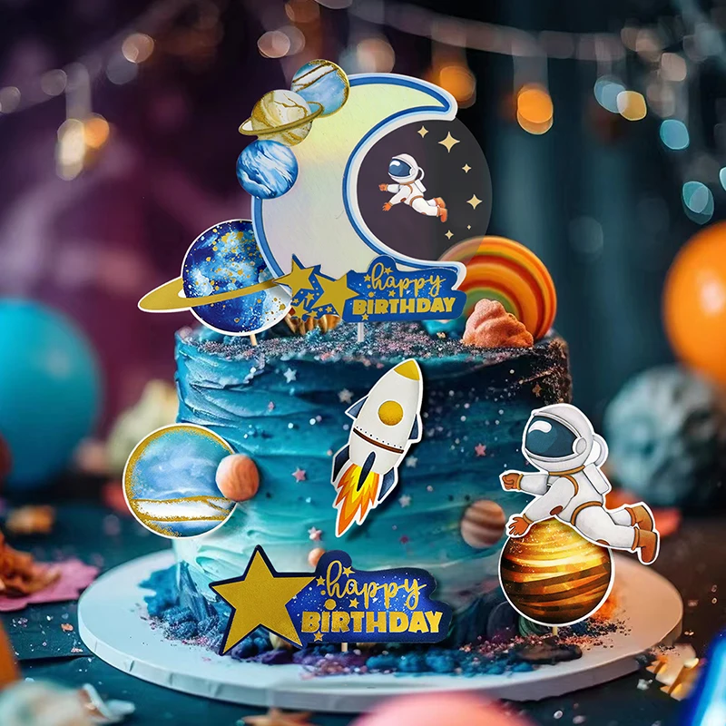 Planet Astronaut Cake Decoration Spaceship Rocket Space Kids Birthday Insert  Aviation Boy  Cake Topper Ornaments Baby Shower