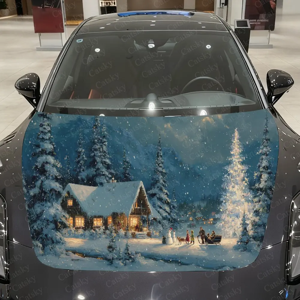 

Silver Fir Snowscape and Christmas Cabin Car Vinyl Wrap, PVC Material Waterproof Car Hood Sticker, Self-Adhesive Scratch-Resista