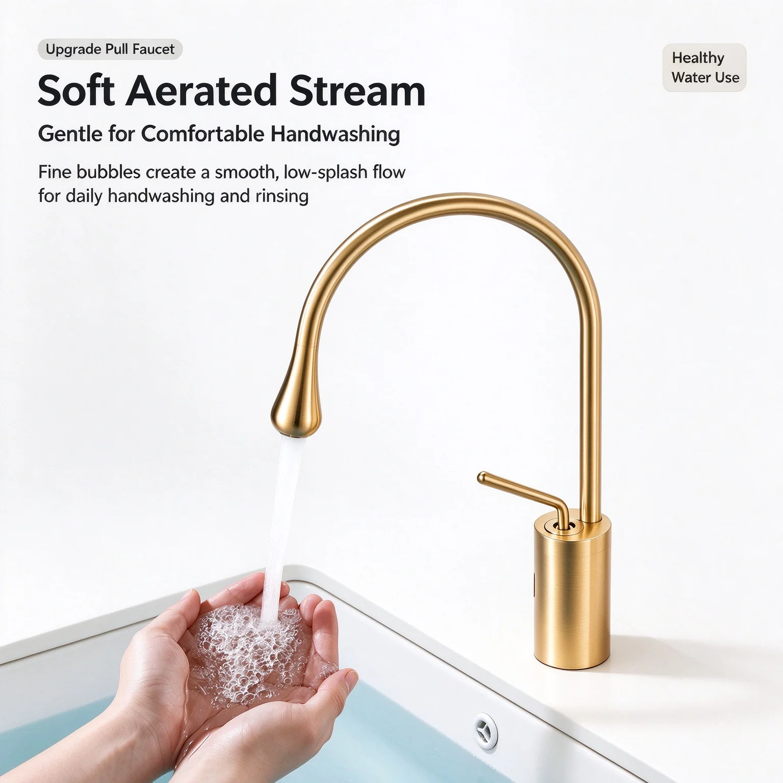 Sleek Luxury Brushed Gold Kitchen Faucet, Artistic Water Drop Shaped 304 Stainless Steel Hot Cold Mixer Tap Home Wash Basin
