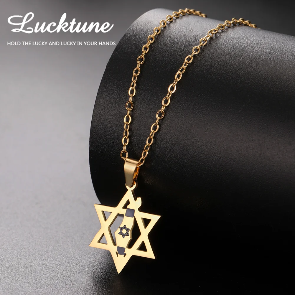Lucktune إسرائيل خريطة نجمة داود قلادة قلادة الفولاذ المقاوم للصدأ المرأة قلادة خمر الذهب اللون المجوهرات اليهودية هدية حفلة