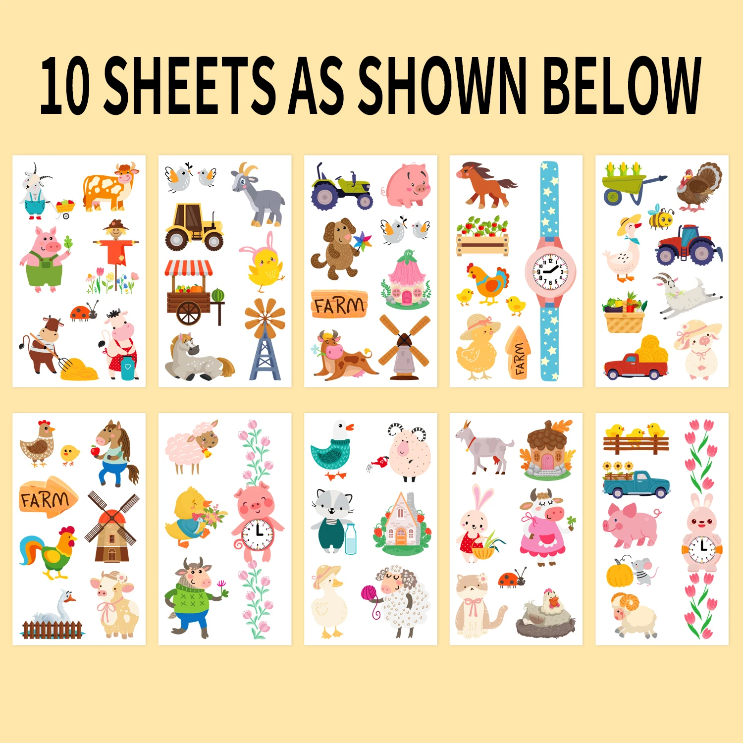 وشم مؤقت على شكل حيوانات المزرعة، هدايا لحفلات أعياد الميلاد لطيفة للغاية على شكل مزرعة، مستلزمات، ديكورات، 10 أوراق