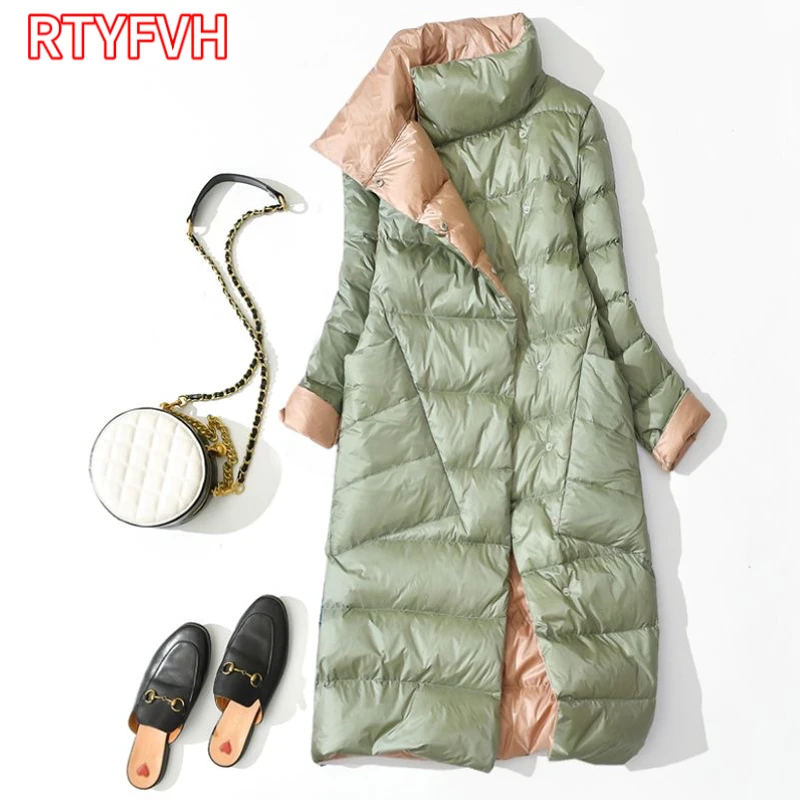 2024 Winter Women 90% White Duck Down Jacket Long Thick Double Sided Coat Female Warm Double Breasted Parka Outwear