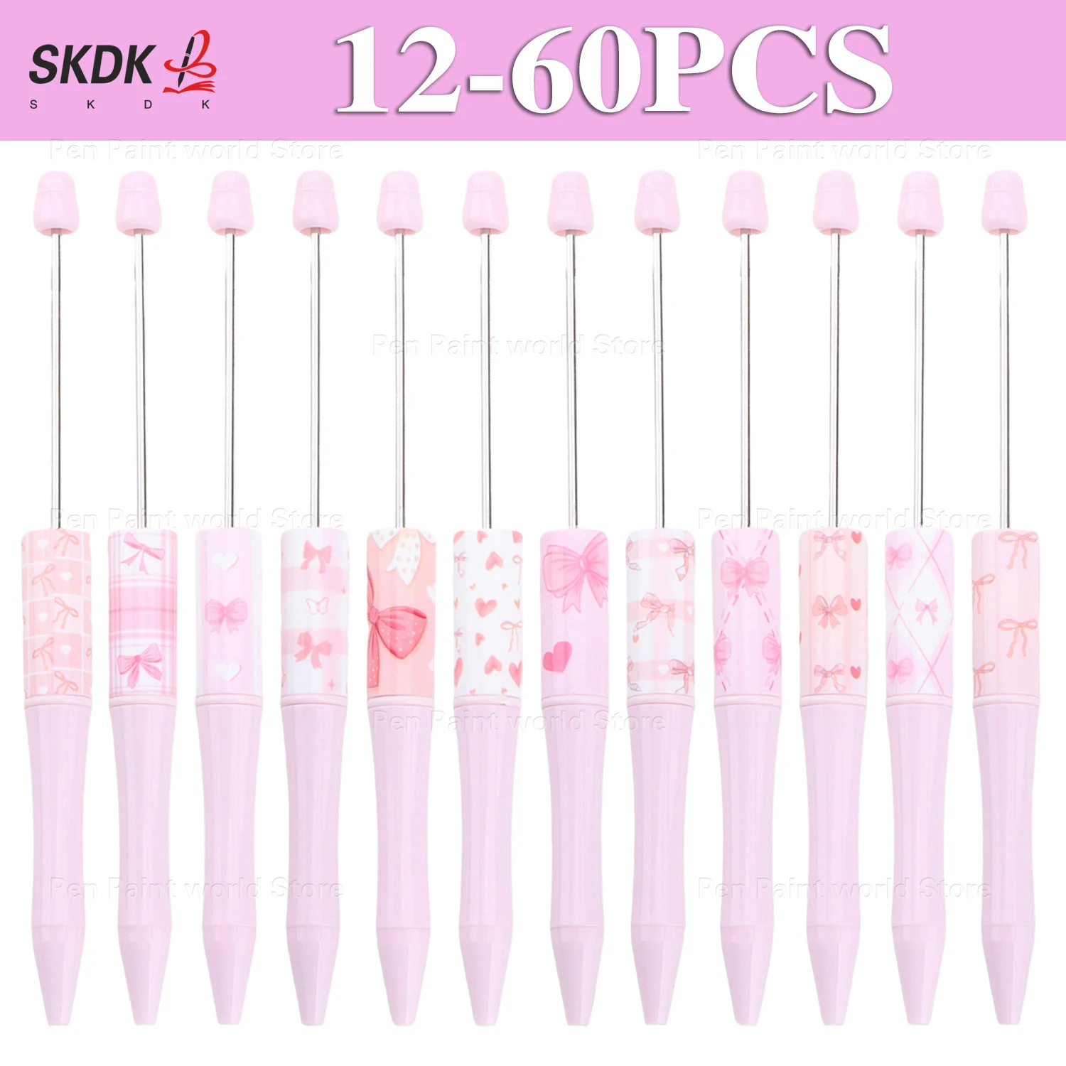 

12-60Pcs DIY Writing Tool with Bowknot Pink Design | Bead Embellished Ballpoint Pen for Kids & Crafters