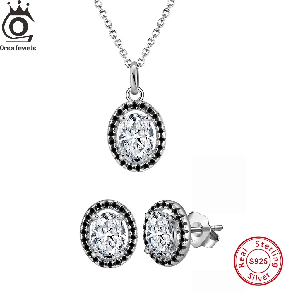 

ORSA JEWELS 925 Sterling Silver Full Zircon Pendant Necklace Earring Jewelry Set For Women Natural Black Stone Party Gifts LZN14