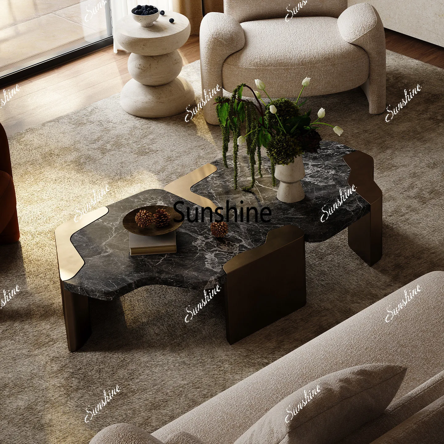 

Medieval luxury stone coffee table, living room coffee table combination, special-shaped retro coffee tableTJ