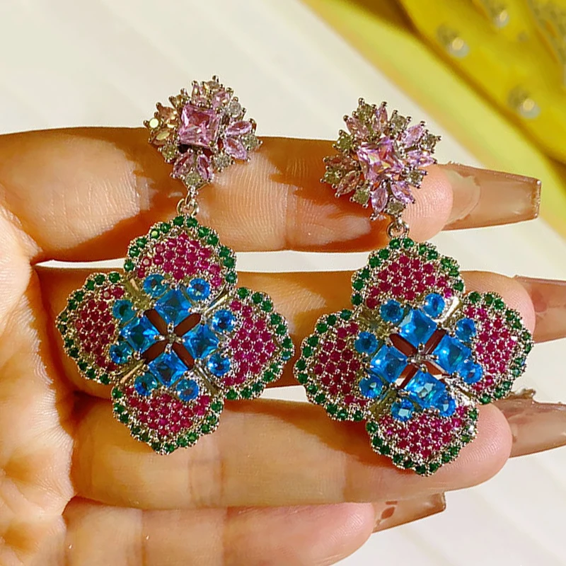 

pink blue zirconia flower earrings for women wedding dinner party jewelry dangling earrings