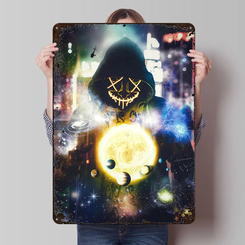 Galaxy Control Neon Mask Printed Poster Customized Retro Wall Art Vintage Metal Tin Signs for Living Room Decoration Desk Decor