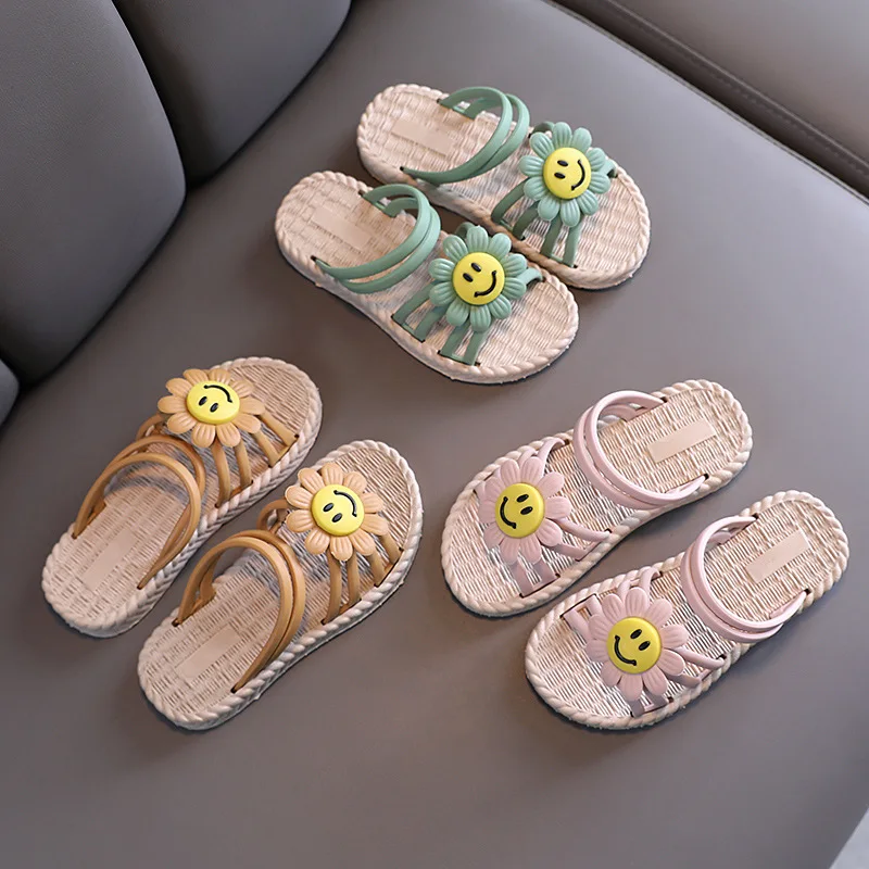 Summer Girls Slippers Children's Fashion Indoor Home Slipper Shoes Cute Smile Flower Princess Flat Kids Beach Shoes CSH1332