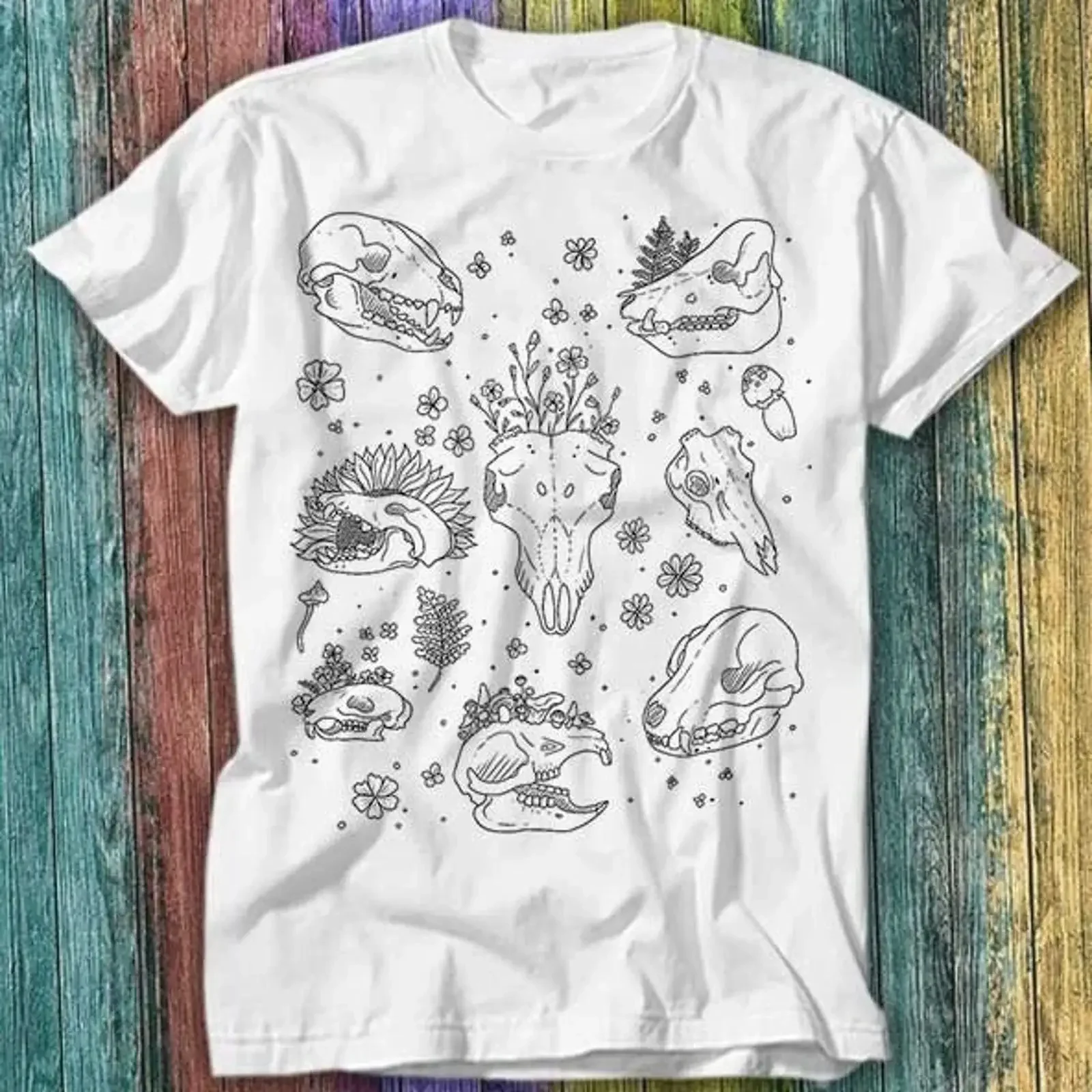 Animal Skull T Shirt Name List Pattern Shadow Black and White Top 559 Image 1 of 2 vintage Washed Soft Breathable streetwear