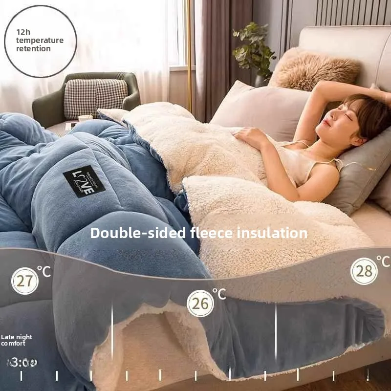 Winter Lamb Velvet Blanket Thickened Warm Cotton Duvet Milk Velvet Filling Single Person Dormitory Use Fluffy Comforter