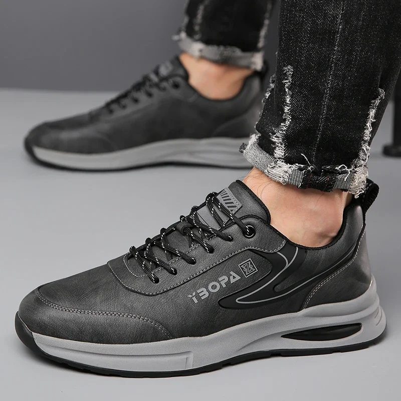 High Quality Brand Men\'s Genuine Leather Casual Shoes Thick Soled Wear-resistant Hiking Shoes Trendy Gray Sports Shoes for Men’s
