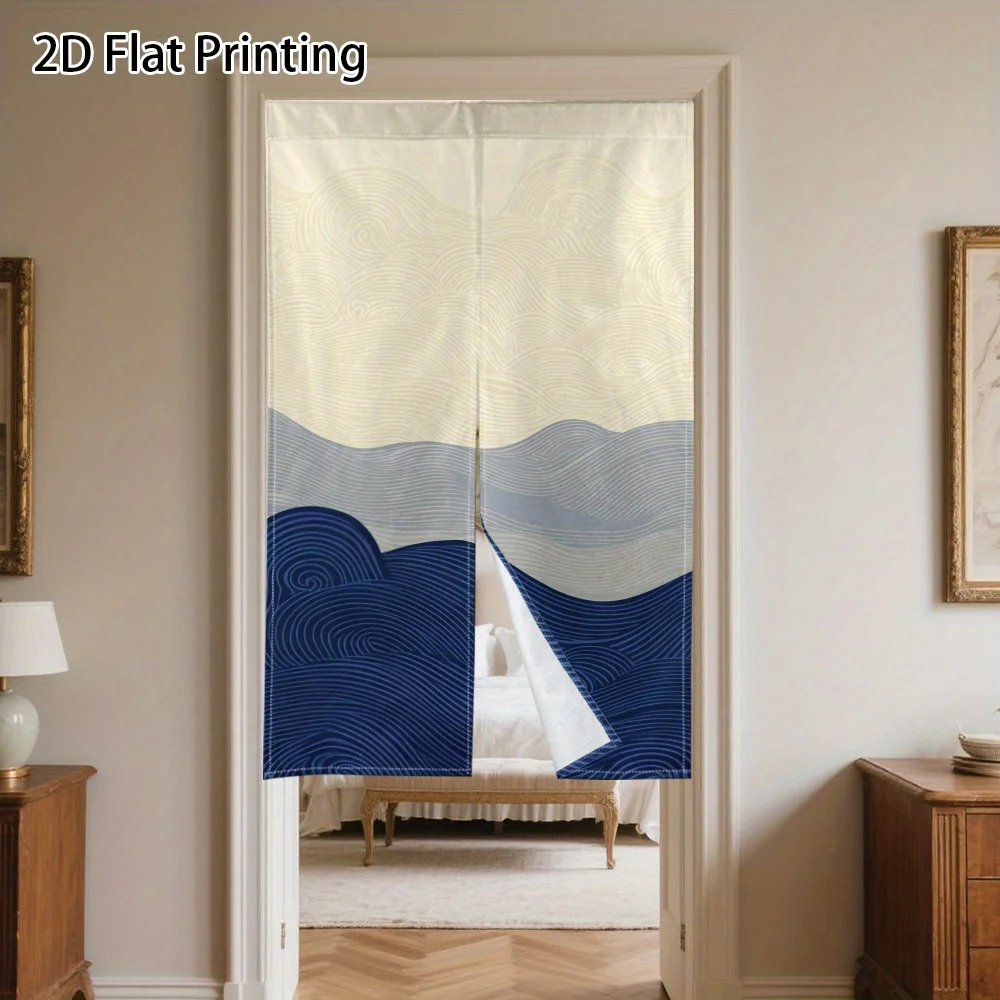 Modern Abstract Landscape Curtain Doorway Room Divider Boho Print Fabric Curtain White Background Blue Wave Privacy Screen Home