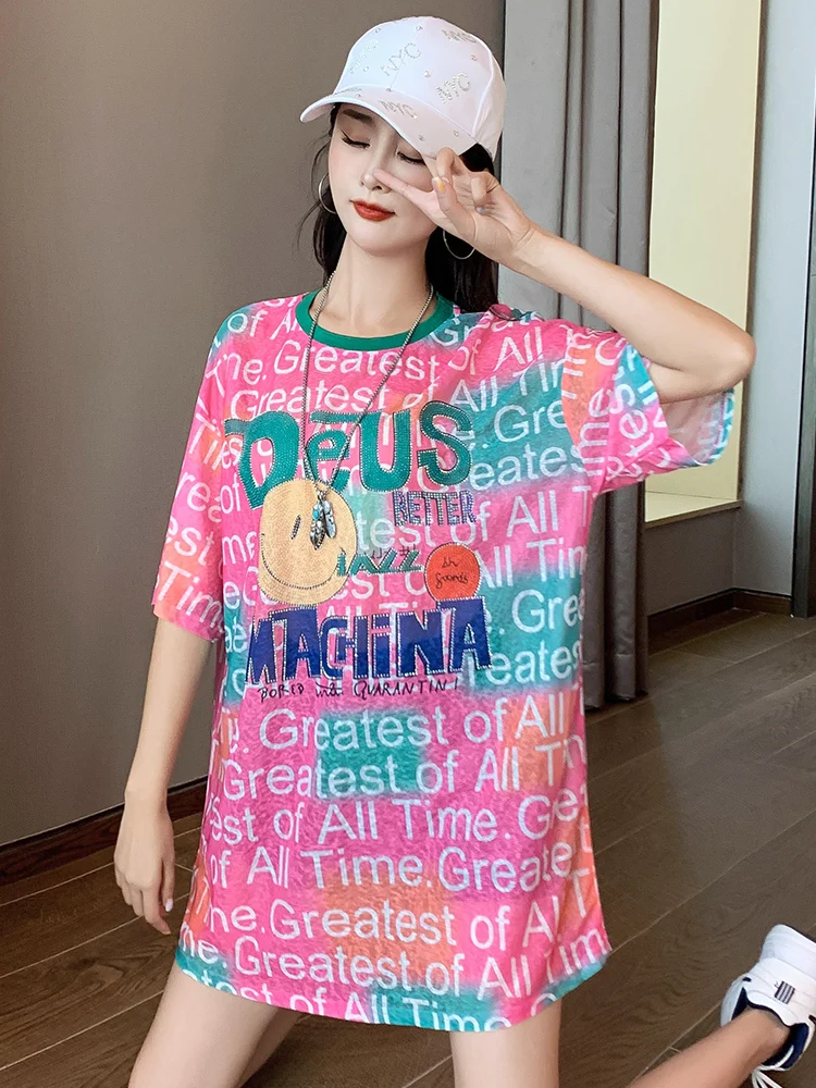 Plus Size Pink Hot Drilling Loose T-Shirt Dress Women Summer New American Spice Girls Mid-Length Letter Slim Short-Sleeved Top