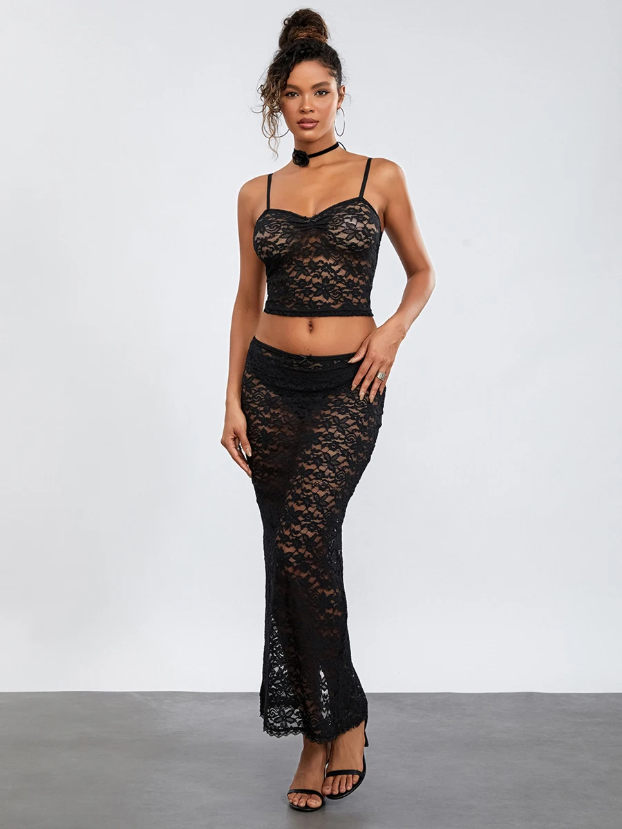 Women 2 Piece Lace Outfits Sheer Backless Cropped Camisole and Elastic Skirt Set for Streetwear Aesthetic Clothes