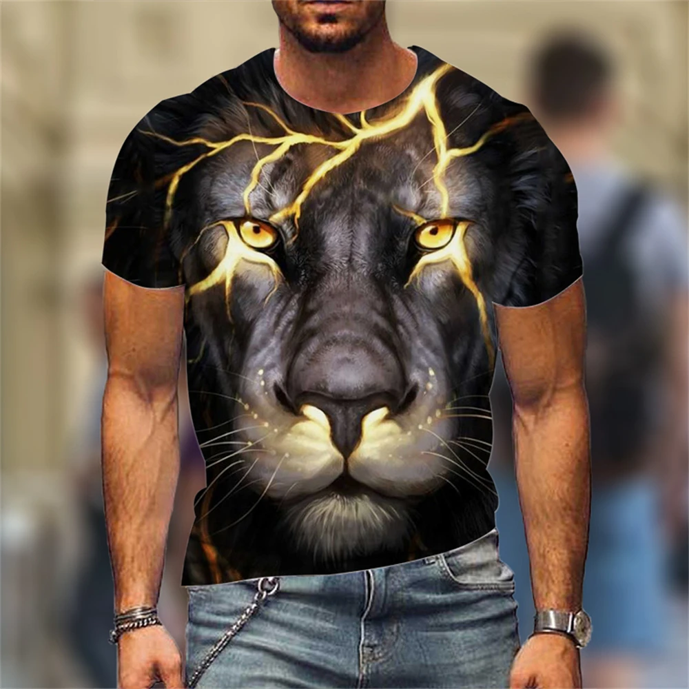 Fashion Men\'s Round Neck Short Sleeve T-shirt 3D Printed Colorful Hidden Wolf Tee Men\'s Casual Sport Short Sleeve Streetwear Top