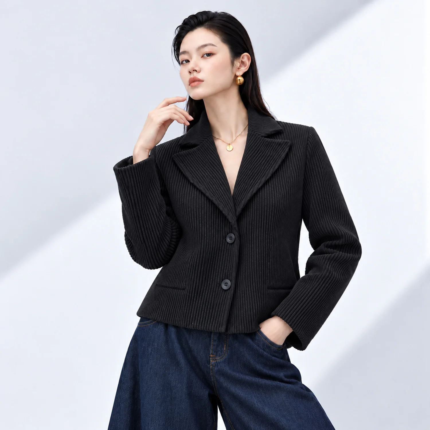 Miyake Pleated Women Brown Corduroy Texture Blazer Lapel Collar Single Breasted Cropped Jacket Casual Loose Short Coat