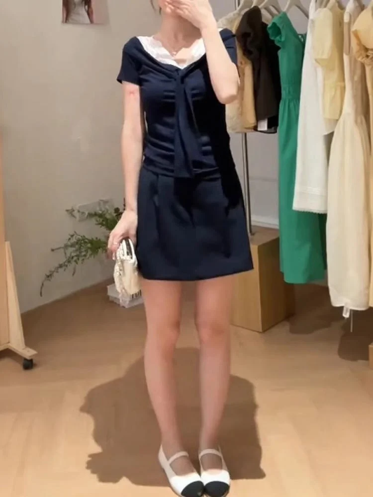 Koreańska koronkowa bluzka z dekoltem w serek, łączona z T-shirtem, damska, letnia, wyszczuplająca, modna, do pracy, jednolita, z węzłem.