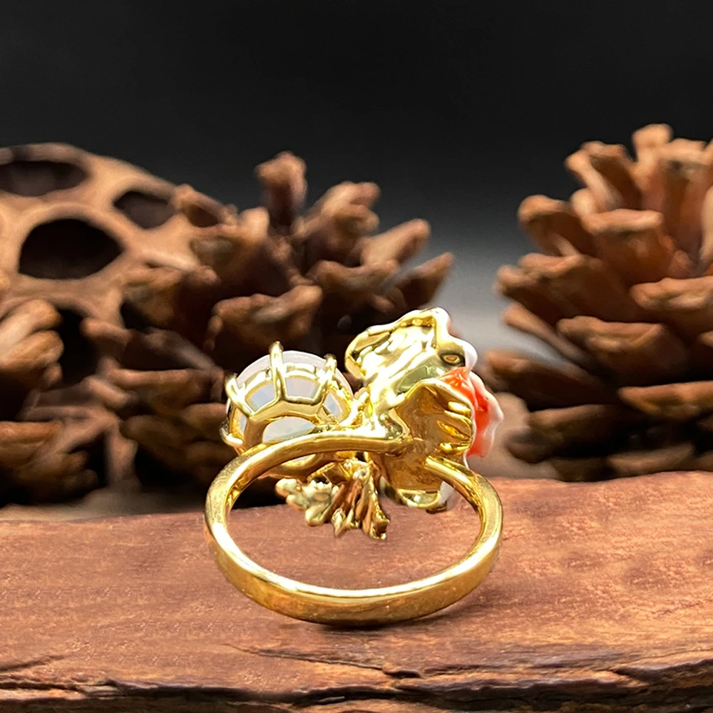 Vintage Gold Plated Art Deco Floral Ring Round White Zircon with Pink Drip Accents Wedding Band Anniversary Gift