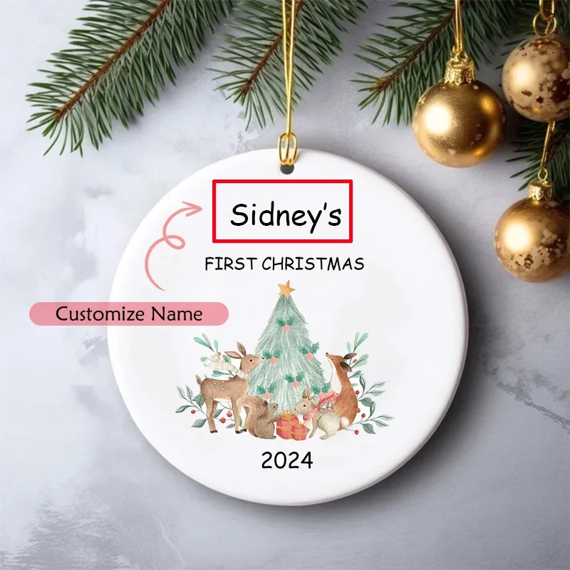 Personalised Custom Woodland baby girl boy first 1st Christmas holiday 2024 Ornament merry Xmas Tree decoration keepsake gift