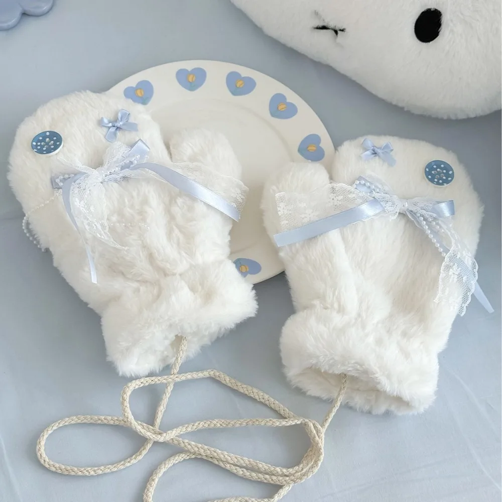 Korean Ice Blue Bow Button Mittens for Girls White Color Winter Warm Neck Strap Fax Fur Plush Mittens Cute Outdoor Cold Weather