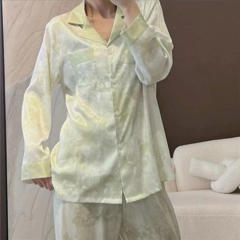 Women\'s Satin Pajama Set Spring New Classic Sandpainting Pajama Set Long Sleeve Button Green Pajama Lounge Pant Women Sleepwear