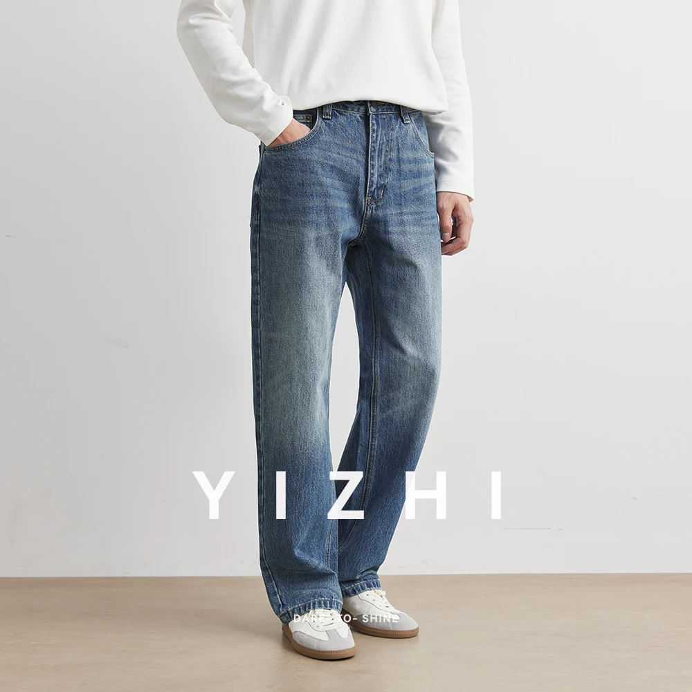 Blue Washed American Style Men's Jeans Straight Leg Loose Wide Leg Pants Retro Trendy Brand Casual Wear All Seasons Size plus