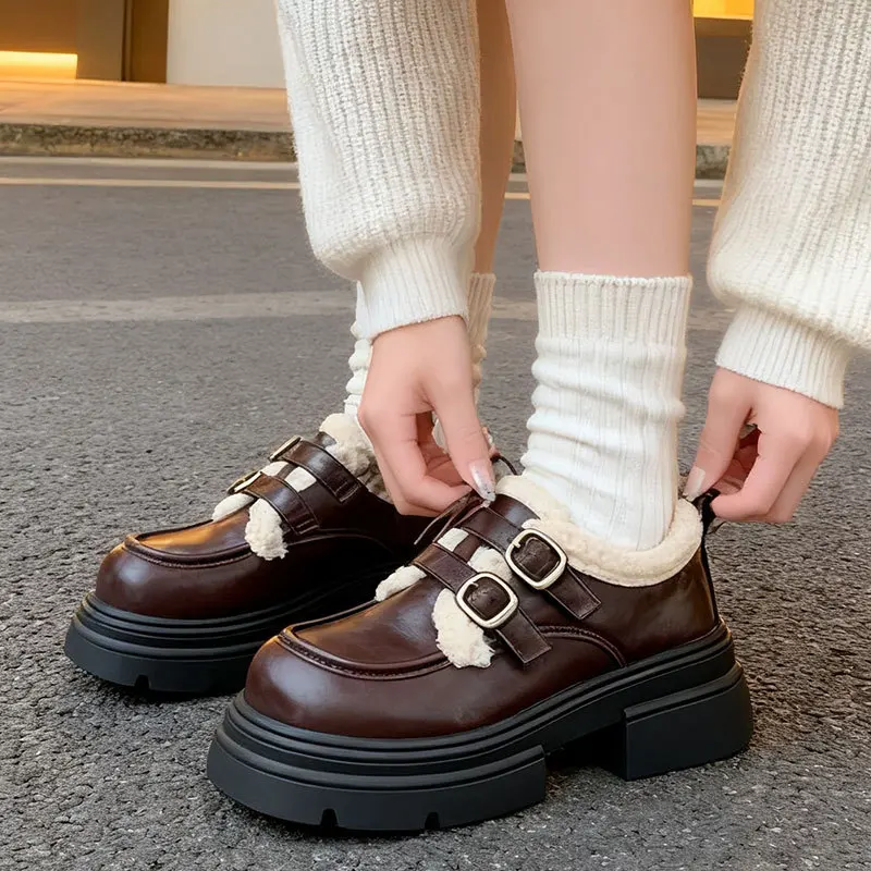 Thick soled loafers for women 2025 new autumn and winter with added velvet cotton shoes and height increasing leather shoes