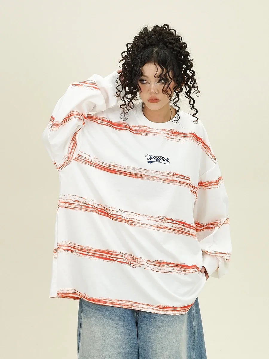 Graffiti Letter Striped Crew Neck Sweatshirts 2024 Autumn New Loose Bf American College Style Top Women