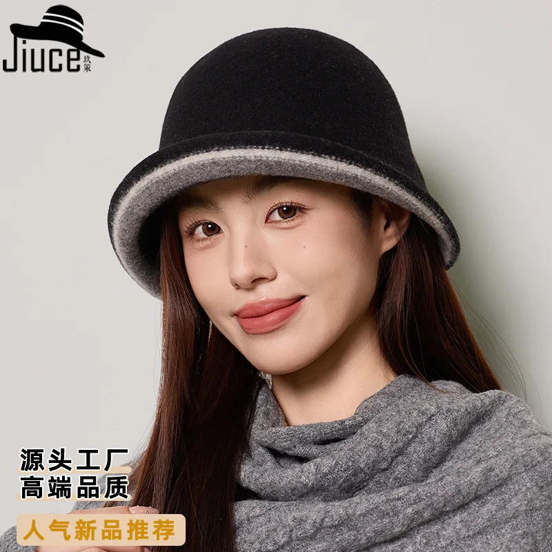 

Versatile Wool Fisherman Hat Women Winter Simple Bucket Hat Contrasting Colors Upturned Edges Luxurious Bucket Hat 4m707
