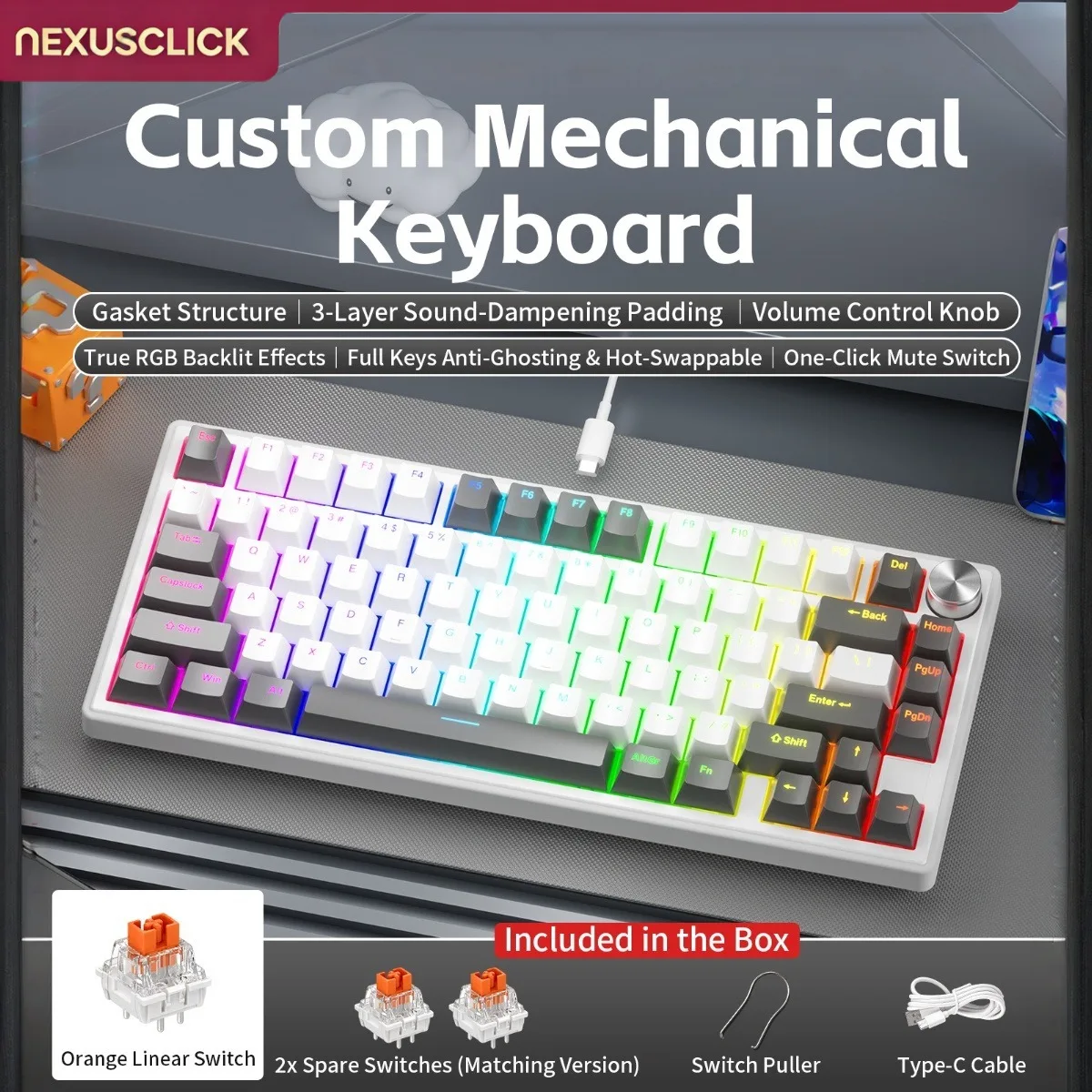 NEXUSCLICK K80 Custom Gasket Mechanical Keyboard FN Multimedia Shortcut Keys RGB Hot Swappable Type-C Wired Keyboard for Gamer