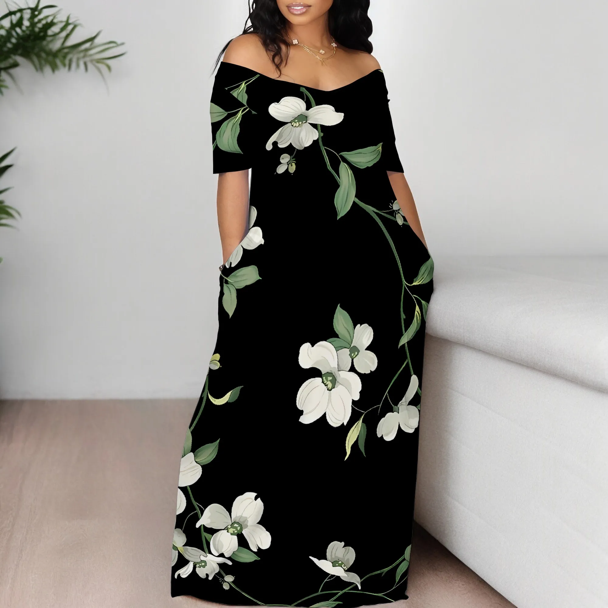 

Nupusa Floral Print Dress for Women Standard Size Summer Casual Off - Shoulder Half Sleeve Maxi Dress