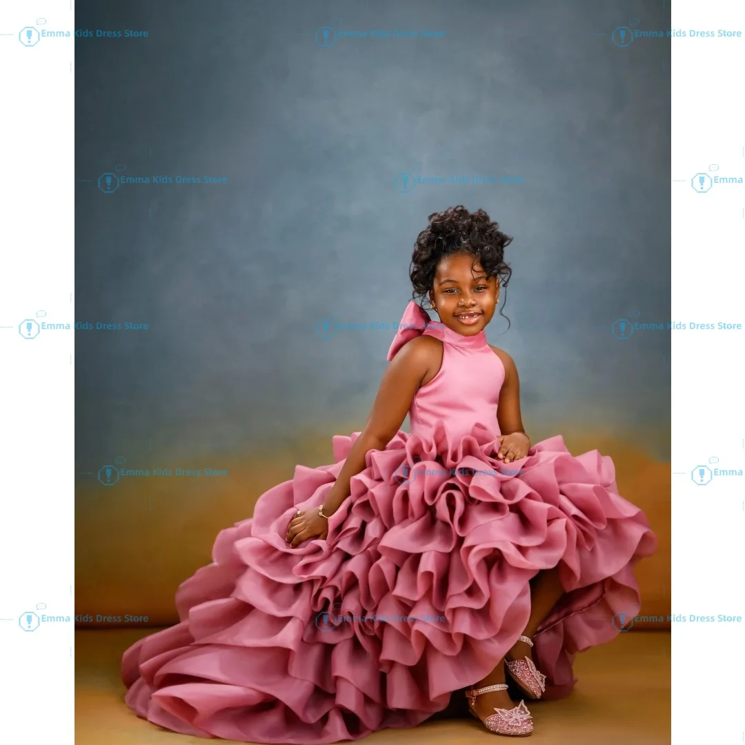 

Custom Elegant Quality Pink High-Low Floor-Length Flower Girl Dress Toddler Ruffle Birthday Party Suitable for Wedding Photo Sho