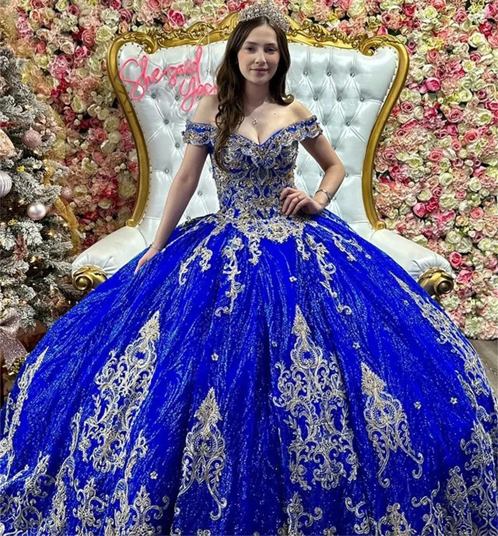 فساتين أميرة Quinceanera ذات لون أزرق ملكي ، ثوب حفلة ، زينة عاري الكتفين ، فساتين حلوة 16 ، 15 سنة ، مكسيكية