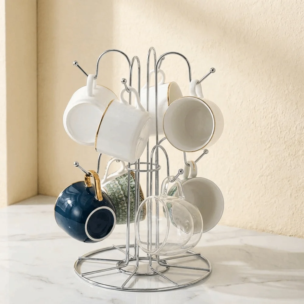 

Durable Iron Tree Shape 8 Mug Holder Fine Workmanship Silver Tea Cup Storage Rack Rust Resistant Mug Organizer Desktop