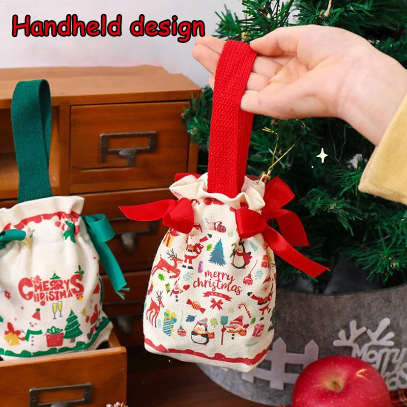 Bolsas navideñas creativas, bolsa con cordón de regalo de lona con bonitos dibujos de árboles de Navidad de Papá Noel, bolsa de paquete de dulces reutilizable a la moda