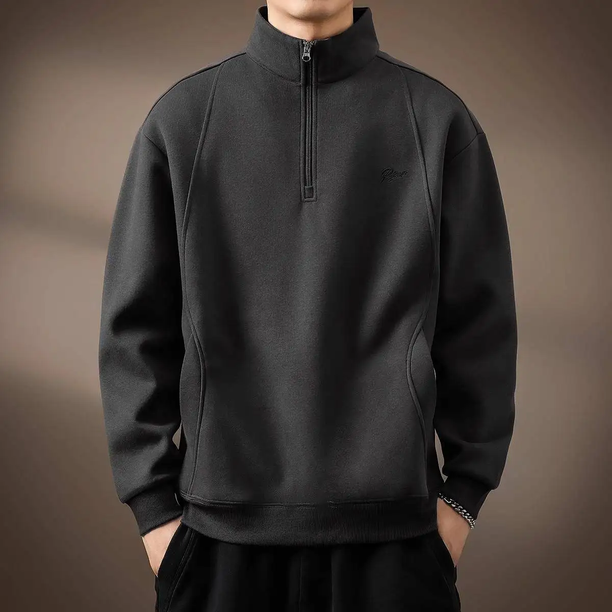 

High-End Soft Heavyweight American Style Hoodie Men's Autumn Fleece Loose Large Size Retro Shirt Stand Collar Zipper