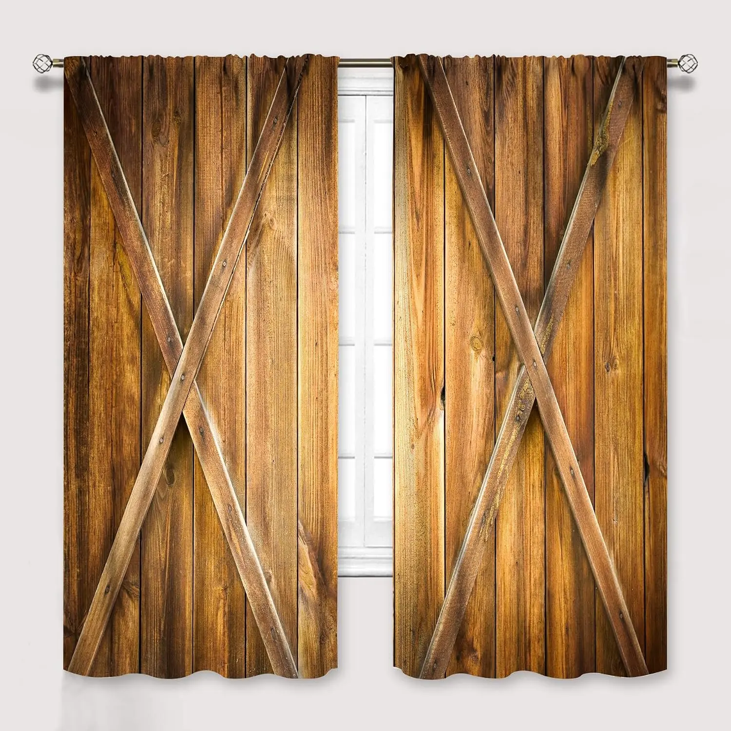 Countryside X Braced Wood Barn Door Blackout Rod Pocket Curtain Rustic Chic Decor Cozy Vintage Zen Homestay Bedroom Rest Bay