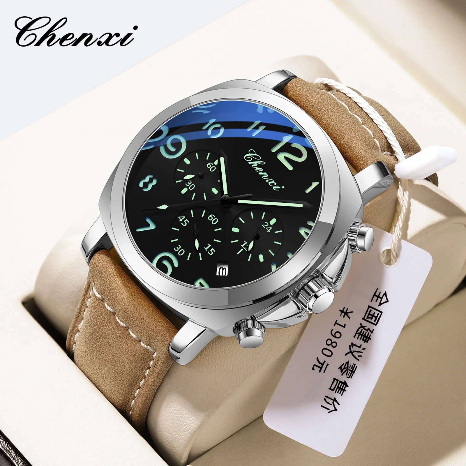 陳西954トップブランド防水メンズ腕時計レザーストラップスポーツクォーツメンズ腕時計クロノグラフ腕時計メンズ腕時計男性用腕時計