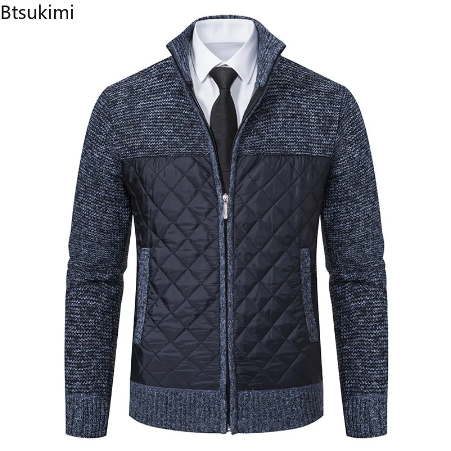 New Autumn Winter Men's Sweater Jacket Coat Knitting Outewear Patchwork Stand Collar Long Sleeves Warm Zipper Casual Jackets
