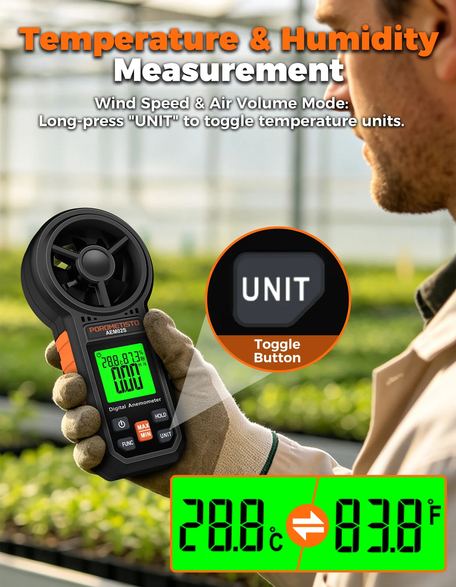 Digitales Anemometer 0,4~30,00 m/s Handgehaltenes Windgeschwindigkeitsmessgerät Luftgeschwindigkeit Luftstromrate mit LCD-Hintergrundbeleuchtung CFM CMM CMS Messwerkzeug – Detail 6