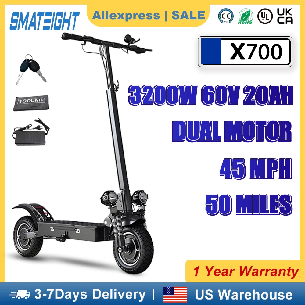

7-дневная доставка X700 60 В 20 Ач Двойной двигатель 3200 Вт Мощный электрический скутер 10-дюймовый внедорожный самокат 45 миль в диапазоне E Scooter 50 миль