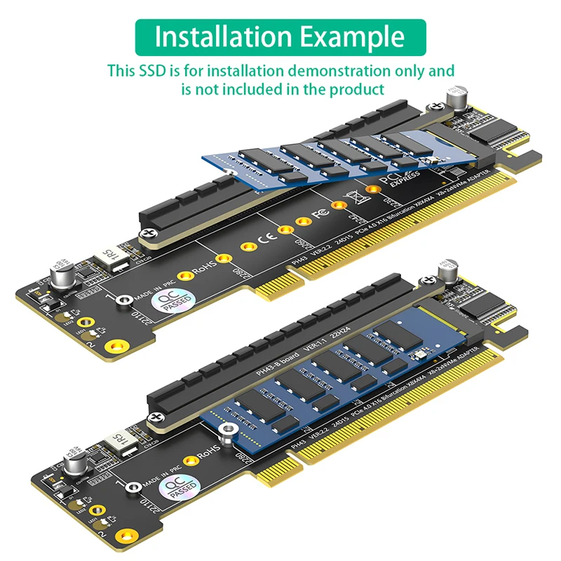 PCI Express X16 to Dual M2 NVME M Key + PCIE X16(X8 Signal) Slot Riser Card Board Motherboard Support PCI-E Bifurcation Function