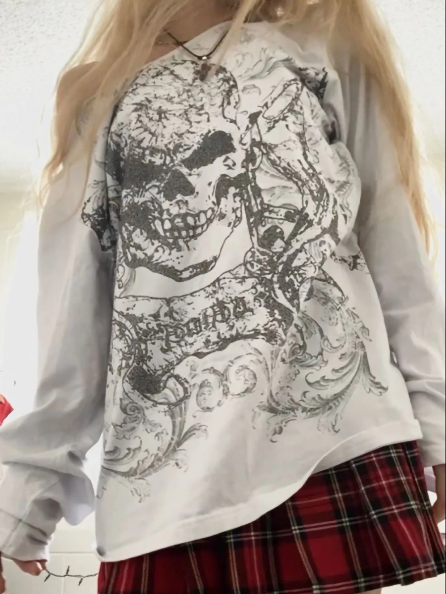 Women's Y2K Grunge Fairy Tops Fashion Halloween Long Sleeve Off Shoulder Skull Print Casual Street Party Fall T-Shirt