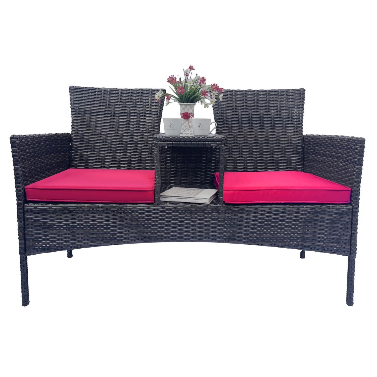 

Wicker Patio Conversation Furniture Set with Removable Cushions, Table & Tempered Glass Top - Modern Rattan Bench for Garden/Law